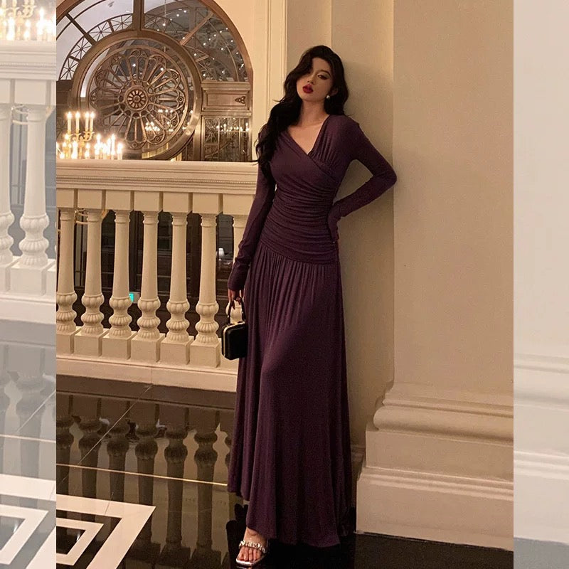Elegant Sheath V Neckline Grape Long Prom Dresses Birthday Outfits Evening Gown