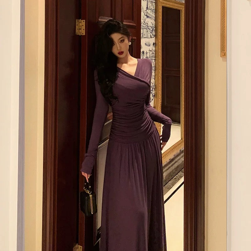 Elegant Sheath V Neckline Grape Long Prom Dresses Birthday Outfits Evening Gown