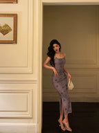 Classy Sheath Spaghetti Straps Grape Long Prom Dresses Birthday Outfits Evening Gown