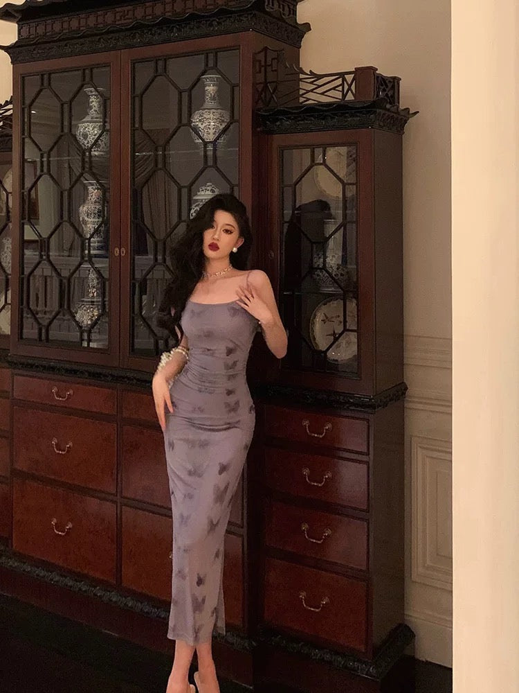 Classy Sheath Spaghetti Straps Grape Long Prom Dresses Birthday Outfits Evening Gown