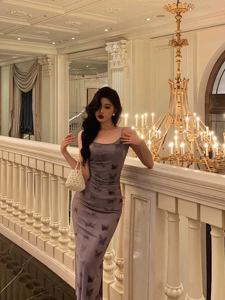 Classy Sheath Spaghetti Straps Grape Long Prom Dresses Birthday Outfits Evening Gown