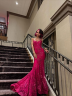 Charming Spaghetti Straps V Neck Satin Lace Sequin Evening Dress Hot Pink Mermaid Party Gowns
