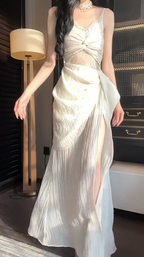 Sexy White Spaghetti Straps Lace Tulle Pleated Side Slit Prom Dress Mermaid Long Party Gown SP430