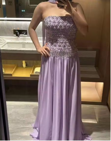Classy Strapless Purple Chiffon Beaded Long Party Dress Evening Gown