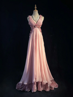 Classy V Neck Chiffon Beaded Appliques Long Evening Dress Pink Mermaid Birthday Prom Gown Formal Wedding Guest Dress