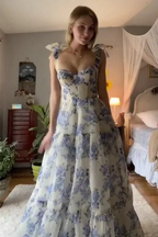 Blue Flower Pattern Prom Dress Spaghetti Strap Princess Formal Occasion Dresses A-line Party Dress Y2722