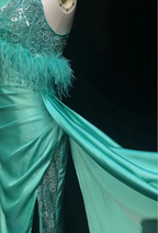 Elegant Green Satin Beaded Mermaid Long Party Dress Prom Gown With Feathers SP1819