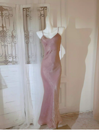 Classy Spaghetti Straps Pink V Neck Satin Mermaid Long Party Dress Formal Wedding Guest Dress SP2004