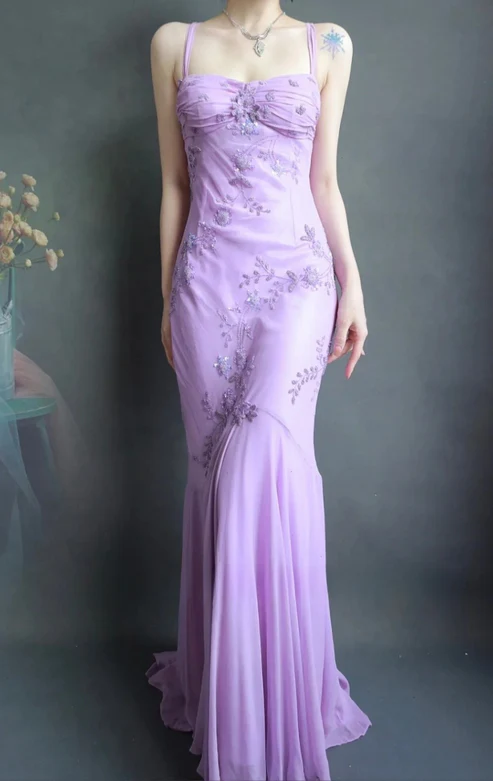 Classy Spaghetti Straps Lavender Chiffon Beaded Mermaid Evening Gown Long Prom Dress