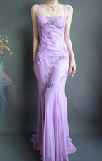 Classy Spaghetti Straps Lavender Chiffon Beaded Mermaid Evening Gown Long Prom Dress