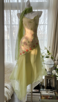 Classy Spaghetti Straps Light Green Chiffon Beaded Mermaid Long Party Dress Evening Gown