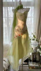 Classy Spaghetti Straps Light Green Chiffon Beaded Mermaid Long Party Dress Evening Gown