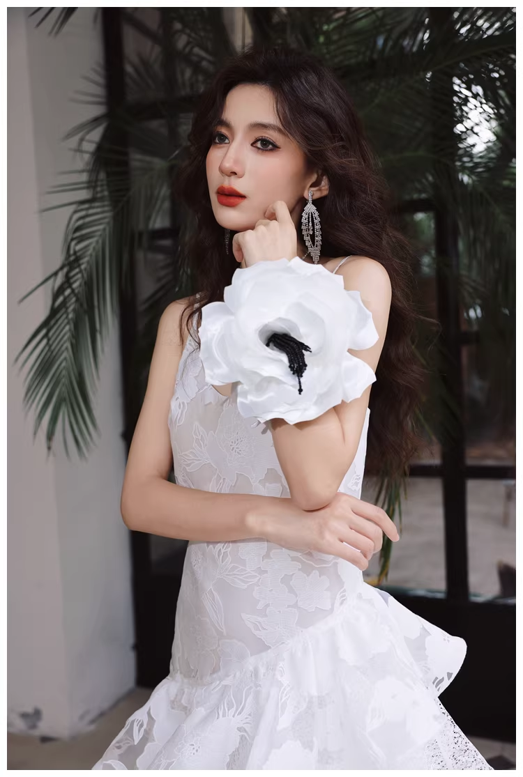 Fairy Spaghetti Strap White Lace Ruffle Layered Mermaid Long Prom Dress Evening Gowns