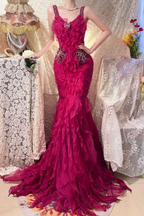 Retro Spaghetti Straps V Neck Chiffon Pleated Ruffles Mermaid Evening Dress Long Prom Gown