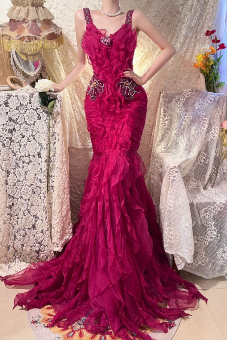 Retro Spaghetti Straps V Neck Chiffon Pleated Ruffles Mermaid Evening Dress Long Prom Gown