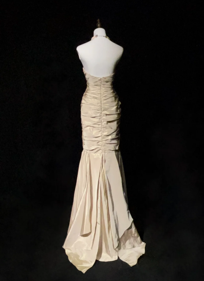 Elegant Strapless Satin Pleated Beaded Mermaid Long Wedding Guest Dress Formal Evening Dress Party Gown