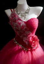 Charming One Shoulder Tulle Beaded Ball Gown Rose Red Long Evening Dress Birthday Dress With Flower SP1847