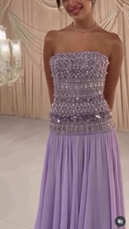 Classy Strapless Purple Chiffon Beaded Long Party Dress Evening Gown