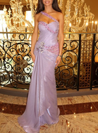 Pretty One Shoulder Purple Satin Pleated Beaded Mermaid Wedding Guest Dress Long Evening Dress Party Gown