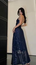 Sexy Spaghetti Straps Navy Blue Sequin Slit A Line Party Gown Long Evening Dress SP256