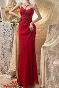 Charming Spaghetti Straps Red Chiffon Beaded Mermaid Long Party Dress Prom Gown
