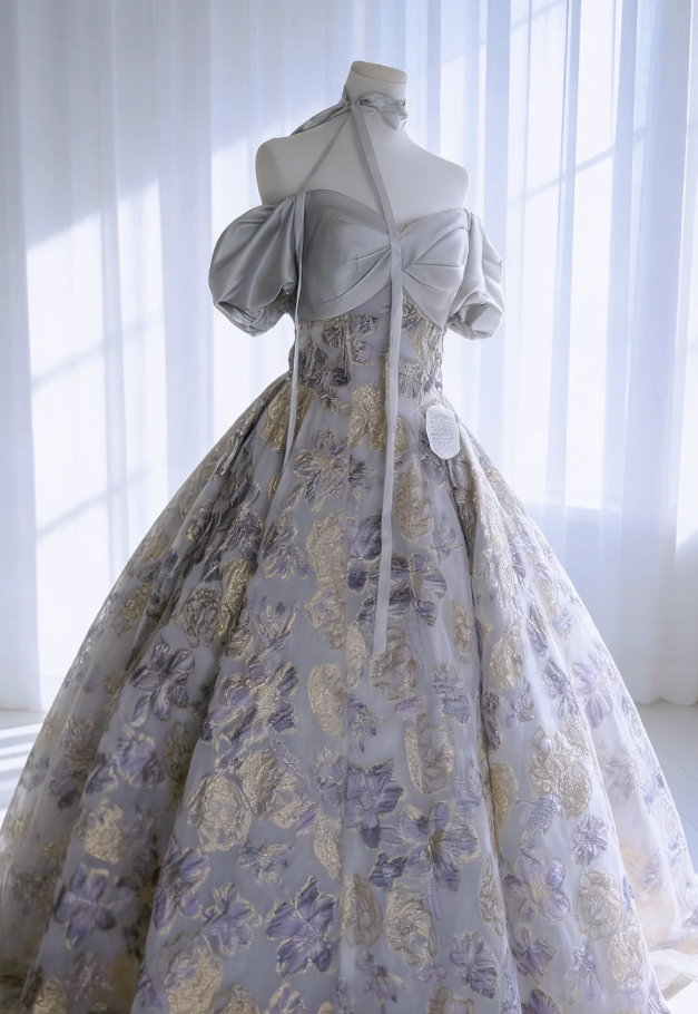 Charming Purple Satin Print Floral Ball Gown Off The Shoulder Formal Quinceanera Dress SP1634