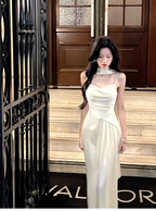 Classy Spaghetti Straps White Satin Mermaid Long Wedding Guest Dress Formal Evening Dress With Scarf SP1645