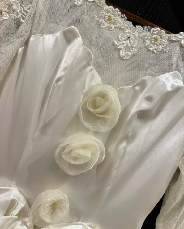 Charming Beaded Bow Satin Ball Gown White Long Wedding Dress