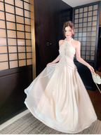 Elegant Pink Halter Tulle Sequin Beaded Mermaid Long Birthday Party Dress Formal Wedding Guest Dress SP1503