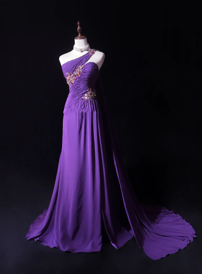 Classy One Shoulder Chiffon Pleated Beaded Mermaid Long Evening Dress Party Gown Purple Formal Wedding Guest Dress