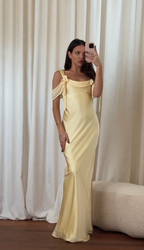 Elegant Yellow Off The Shoulder Satin Chiffon Long Party Dress Formal Bridesmaid Dress SP250
