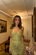Sexy Halter Avocado Green Lace Sequin Mermaid Long Party Dress Birthday Prom Dresses SP1336