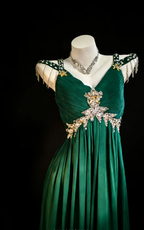 Unique V Neck Dark Green Satin Beaded Long Party Dress Wedding Guest Dress SP1580