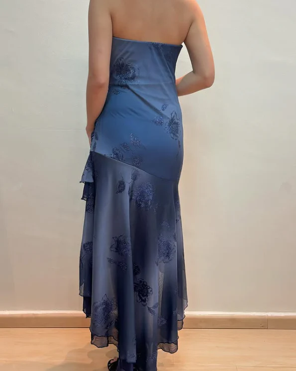 Charming Navy Blue Strapless Tiered Mermaid Evening Dress Prom Dress Y7811