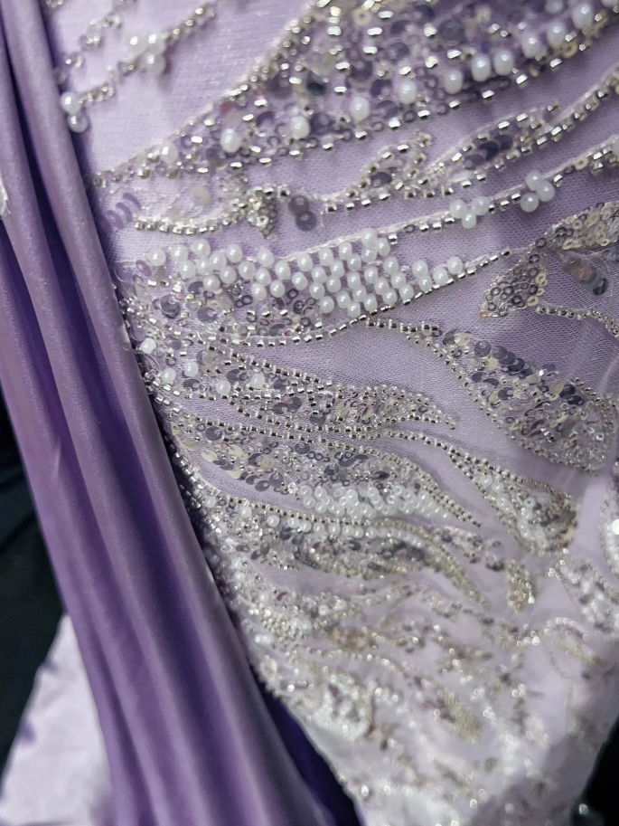 Glamorous  Strapless Lavender Tulle Satin Beaded Slit Mermaid Evening Dress Long Birthday Prom Gowns SP1965