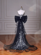 Black Glitter Sequins Tulle Mermaid Prom Dress,Strapless Evening Dress With Bow Y8615