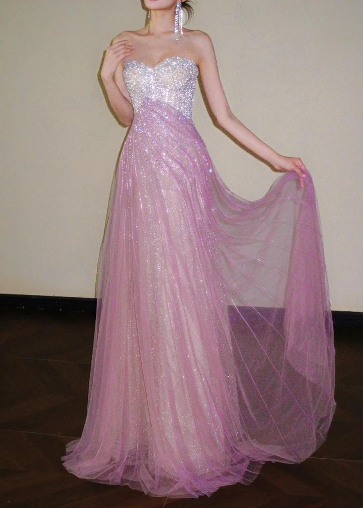 Glitter Strapless Pink Tulle Sequin A Line Long Party Dress Evening Gown