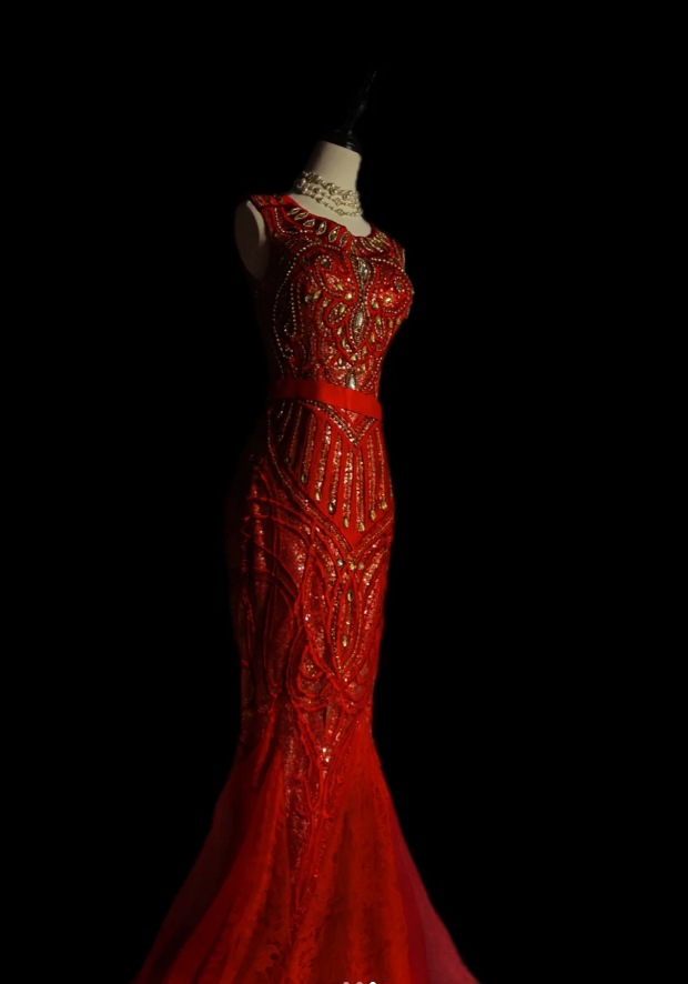 Gorgeous Sleeveless Tulle Satin Beaded Red Mermaid Evening Dress Long Prom Gown