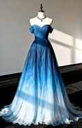 Pretty Strapless Off The Shoulder Ombre Blue Long Prom Dress Evening Gown