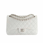 CHANEL CLASSIC DOUBLE FLAP BAG WHITE SILVER HARDWARE 25CM
