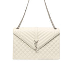 SAINT LAURENT GRAIN DE POUDRE MATELASSE CHEVRON LARGE TRIQUILT MONOGRAM SATCHEL WHITE 30CM ARS4381340717