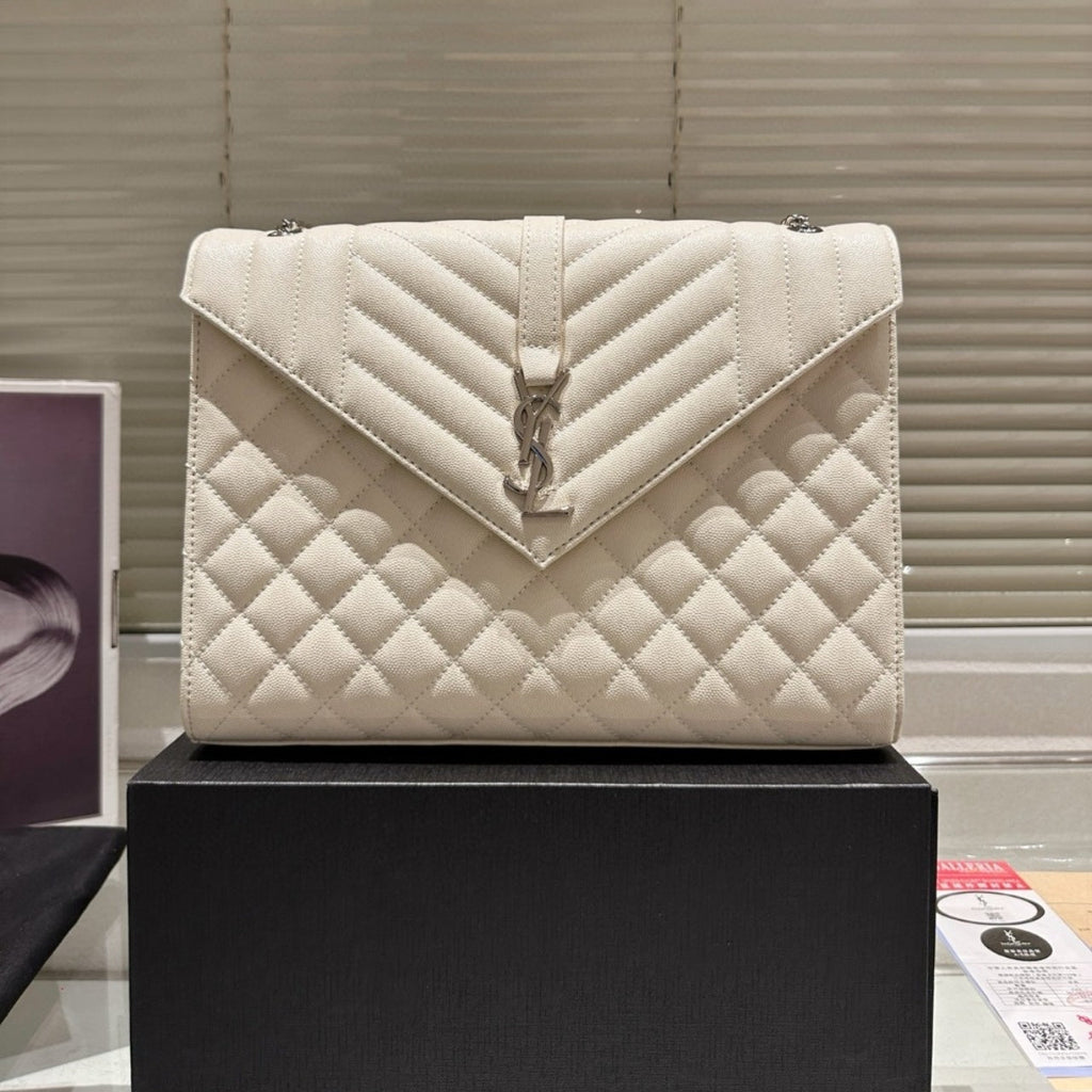 SAINT LAURENT GRAIN DE POUDRE MATELASSE CHEVRON LARGE TRIQUILT MONOGRAM SATCHEL WHITE 30CM ARS4381340717