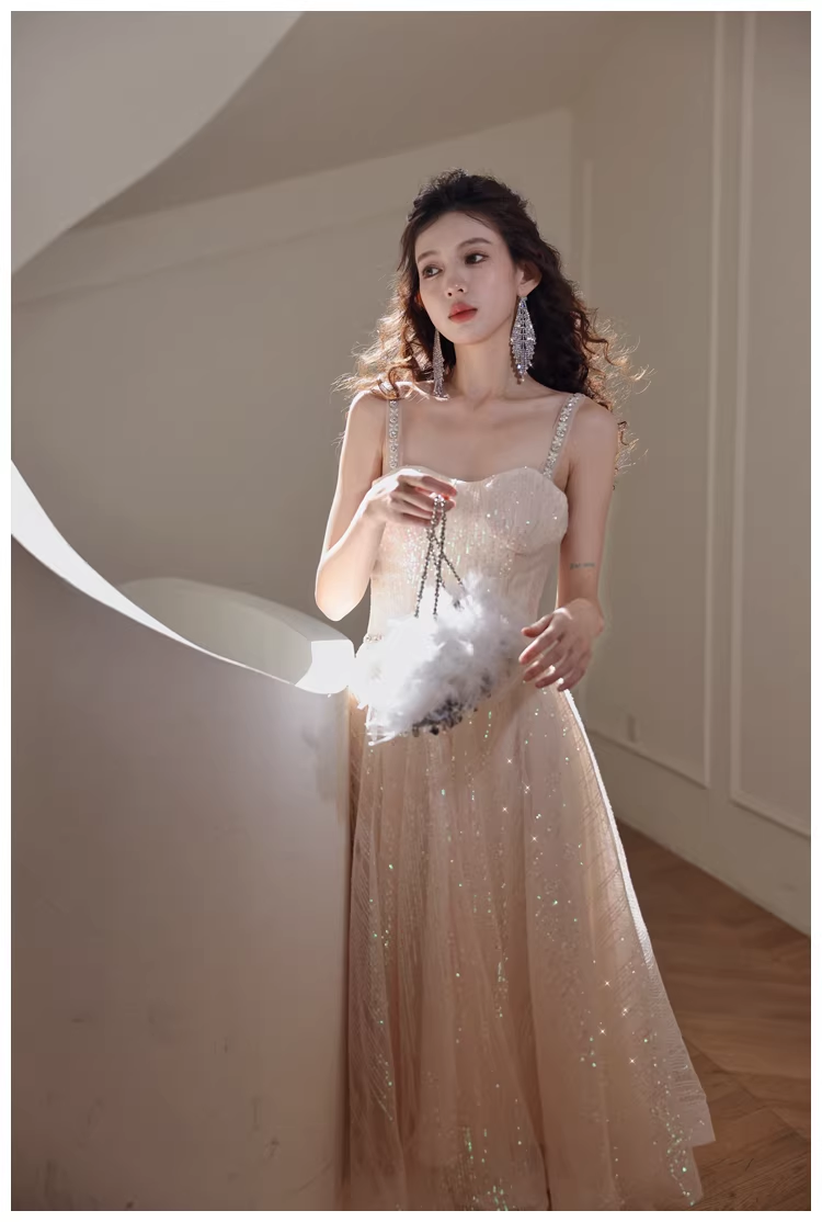Elegant Light Champagne Tulle Sequin Beaded A Line Mid Length Birthday Prom Dress Evening Gown