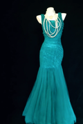 Unique Green Tulle Pleated Mermaid Long Wedding Guest Dress Formal Birthday Party Dress SP1627