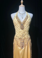 Sexy Halter V Neck Yellow Satin Beaded Mermaid Long Evening Dress 20th Birthday Outfits SP1794