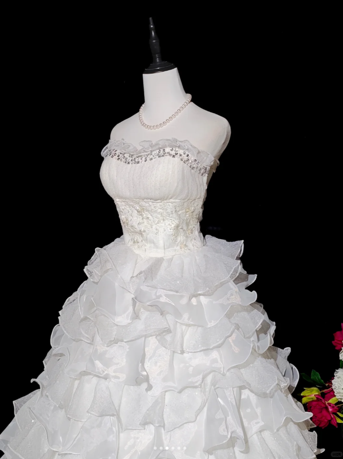 Glamorous Strapless Beaded White Chiffon Ruffles Layered Long Wedding Dress Formal Bridal Gowns