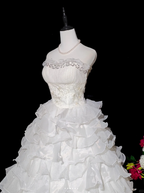 Glamorous Strapless Beaded White Chiffon Ruffles Layered Long Wedding Dress Formal Bridal Gowns