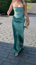 Classy Green Strapless Satin Long Wedding Guest Dress Evening Dress SP1434