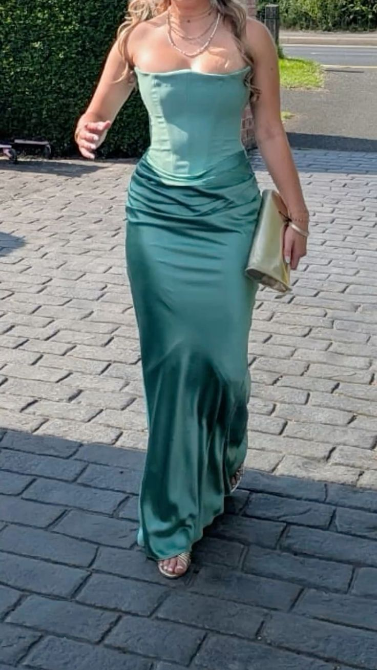 Classy Green Strapless Satin Long Wedding Guest Dress Evening Dress SP1434
