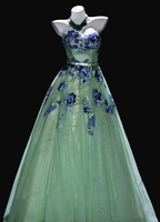 Fairy Strapless Ball Gown Green Tulle Embroidery Appliques Long Birthday Party Dress Prom Gown SP1853